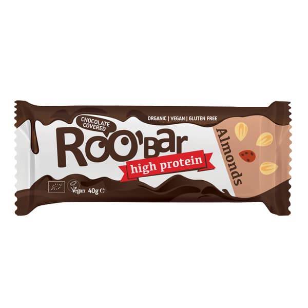 Bio Baton Proteic cu Migdale Invelit in Ciocolata Vegan Fara Gluten Roobar 40 g