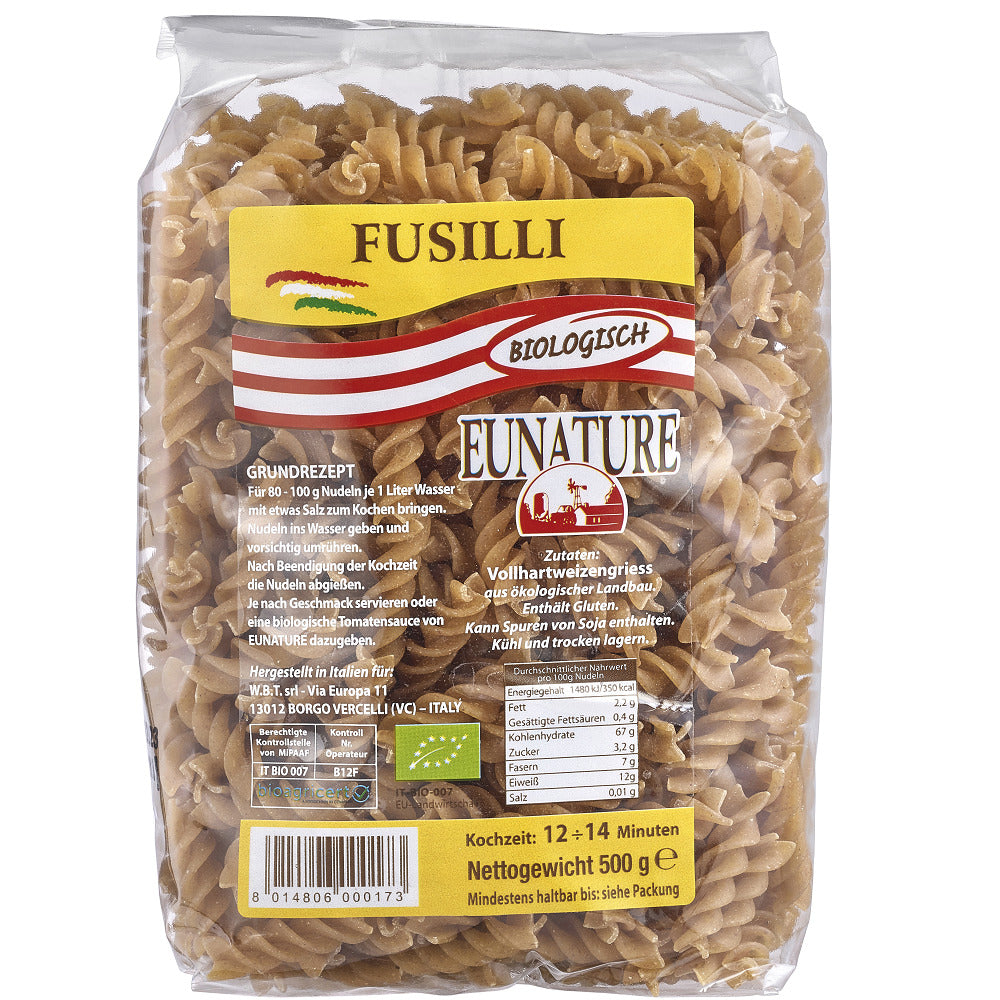 Bio Paste Fusilli din Grau Dur Integral Eunature 500 g
