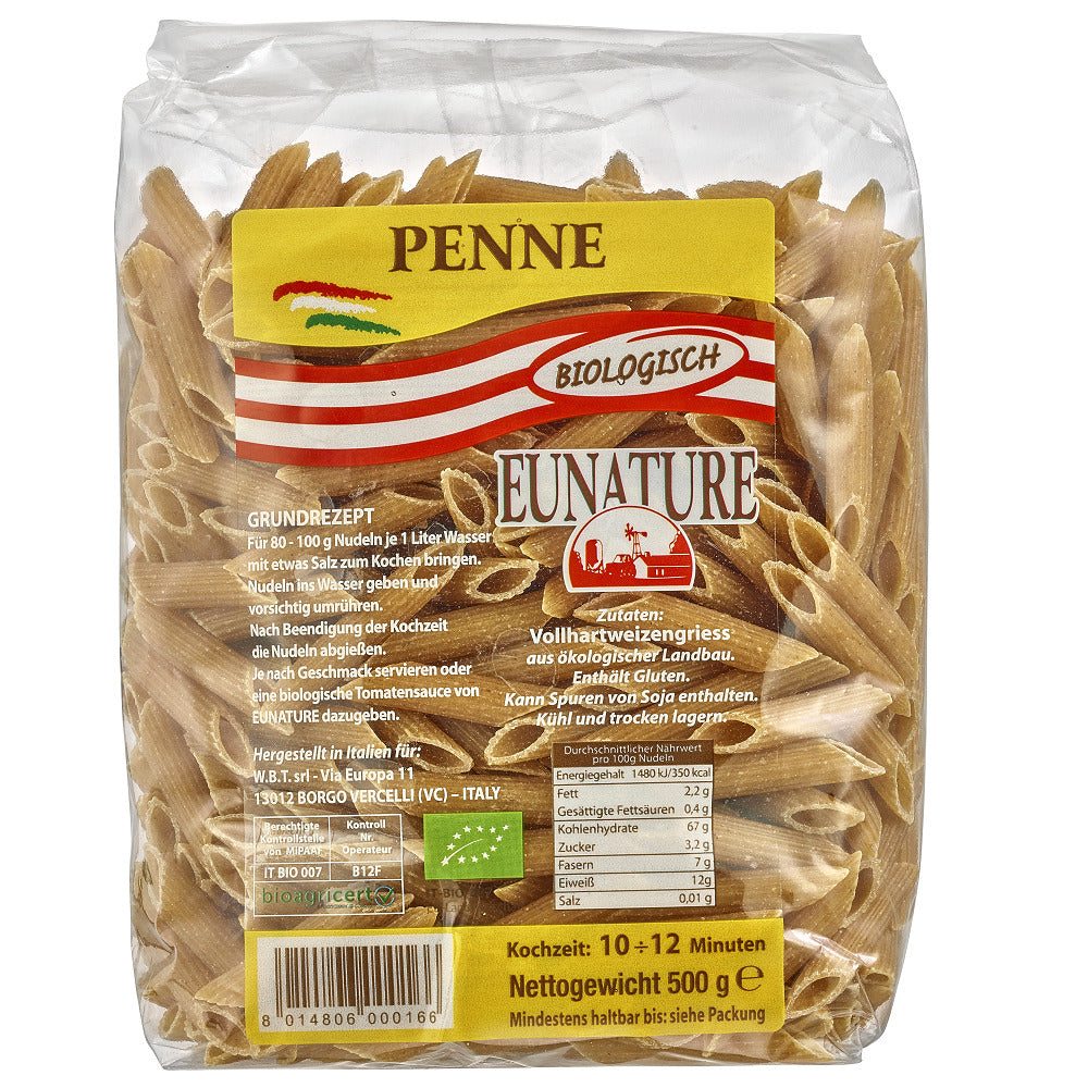 Bio Paste Penne din Grau Dur Integral Eunature 500 g