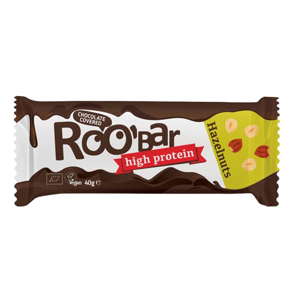 Bio Baton Proteic cu Alune de Padure Invelit in Ciocolata Vegan Fara Gluten Roobar 40 g