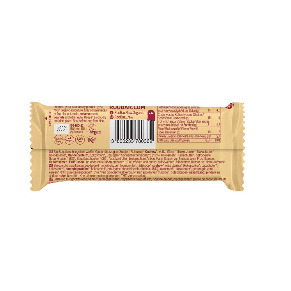 Bio Baton cu Visine si Glazura Alba Vegan Fara Gluten Roobar 30 g