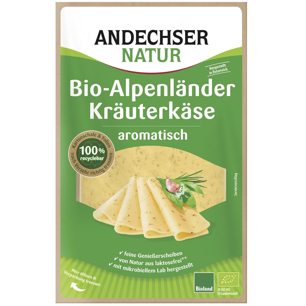 Bio Branza Cremoasa Felii cu Ierburi Fara Lactoza 50% Alpenlander Andechser Natur 150 g