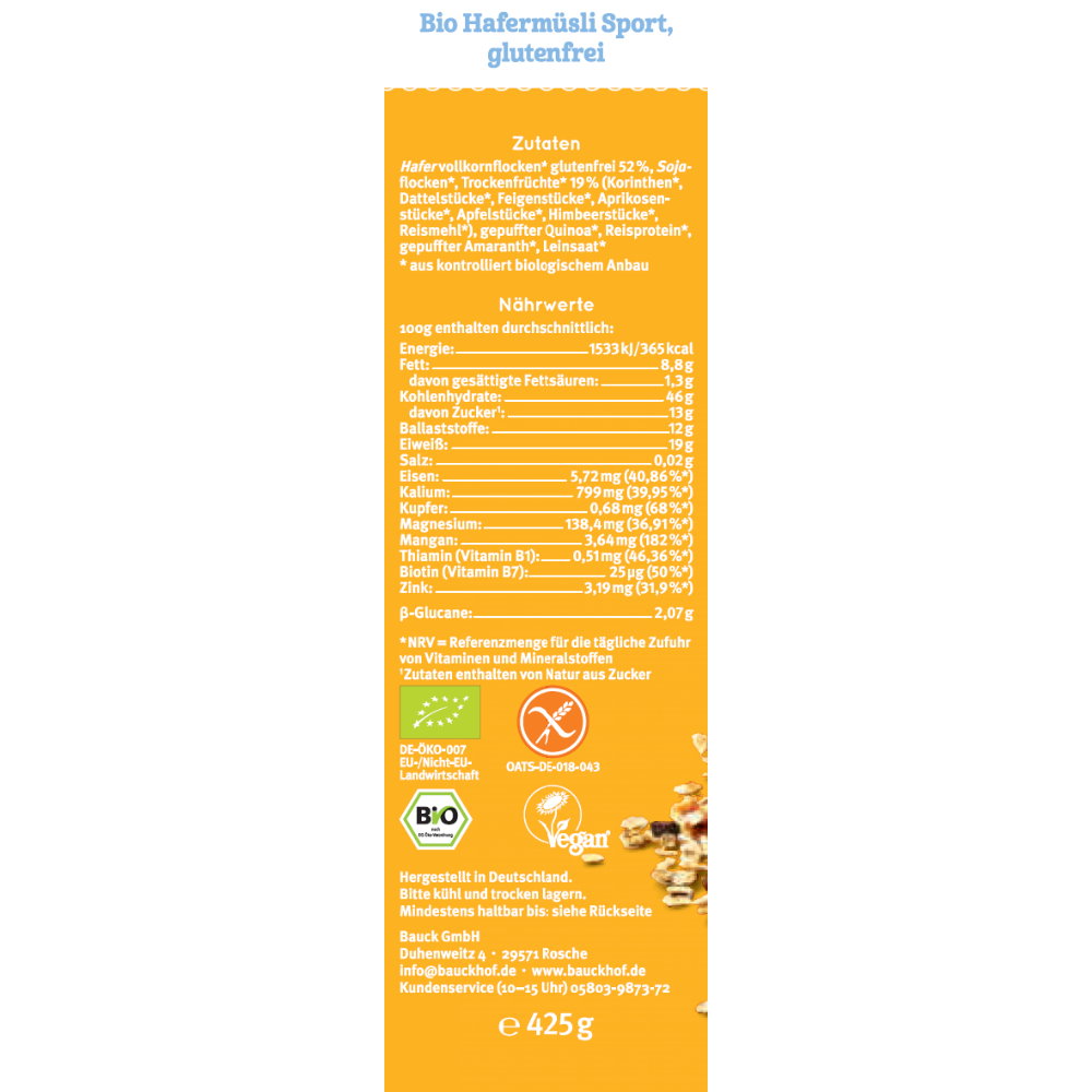 Bio Musli din Ovaz Protein Sport Fara Gluten Bauck Hof 425 g