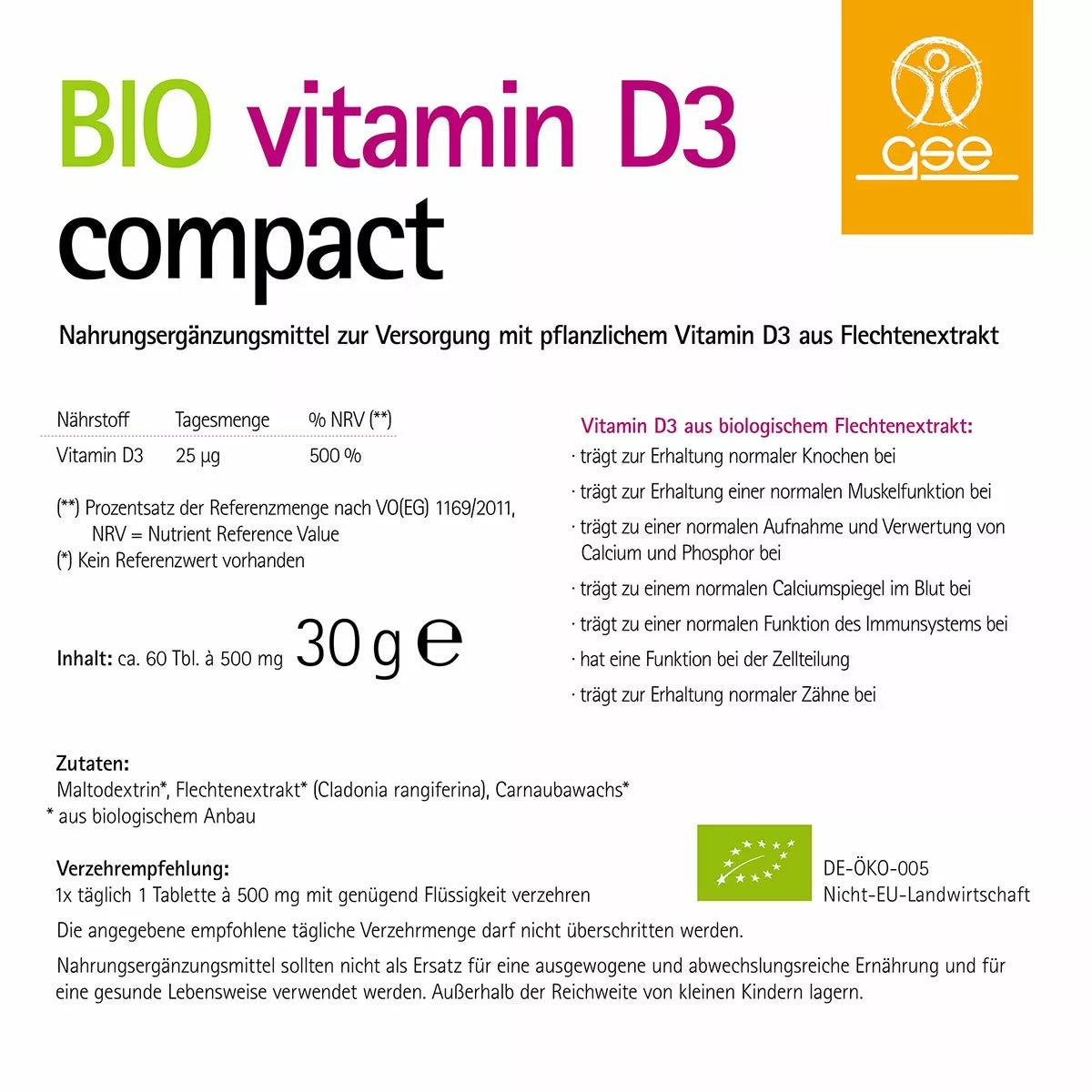 Vitamina D3 Bio Compact GSE 60 Tablete 500 mg 30 g